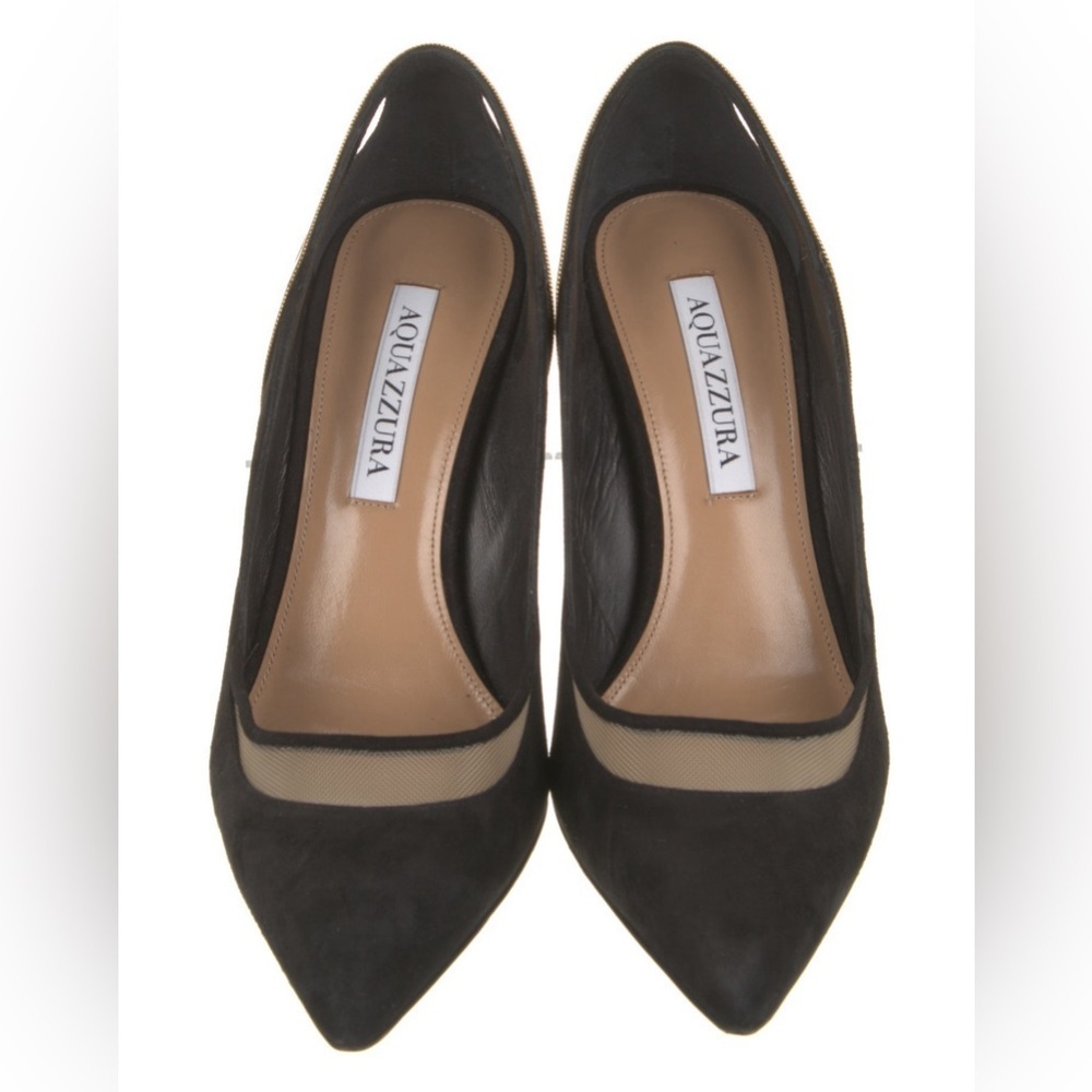 Aquazzura Soiree Pump 105 Black Suede Gold Chain Heels Size 37 - Picture 3 of 6